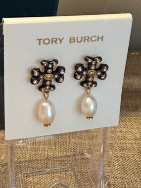 Tory Burch Black Enamel and Gold Pearl Drop Earrings